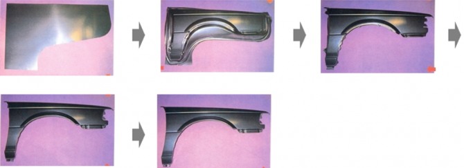 자동차 휀더 프레스 공정(블랭킹에서 성형, 플랜지 작업)
