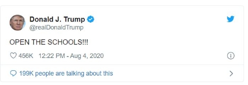 도널드 트럼트 대통령은 지난 4일 트위터에 학교문을 열어라!!!라는 글을 게시했다. 사진=트럼프 트위터