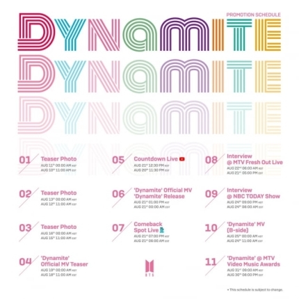 방탄소년단(BTS)가 오는 21일 발매하는 새 디지털 싱글 '다이너마니트'(Dynamite) 프로모션 일정이 5일 공개됐다. 사진=빅히트엔터테인먼트 제공