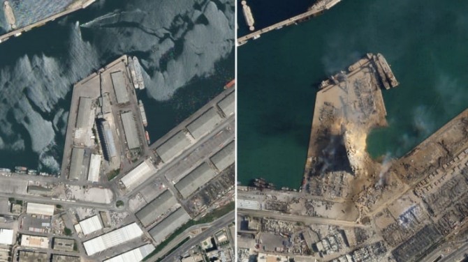 레바논 수도 베이루트의 항만 물류 창고 폭발 전(왼쪽)과 후(오른쪽) 위성 사진.사진=CNBC/플래닛랩스