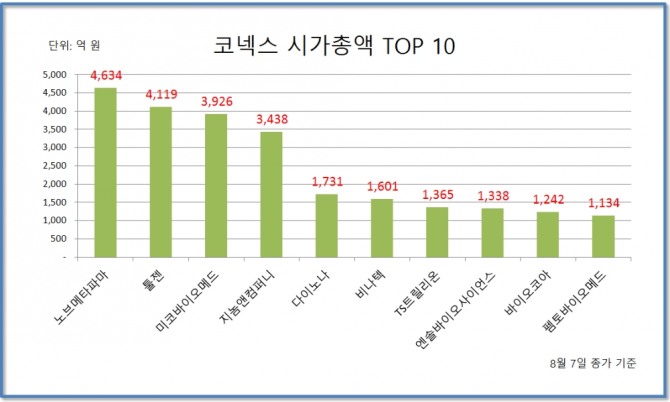 코넥스 시장 시가총액 TOP 10 종목  자료=한국거래소