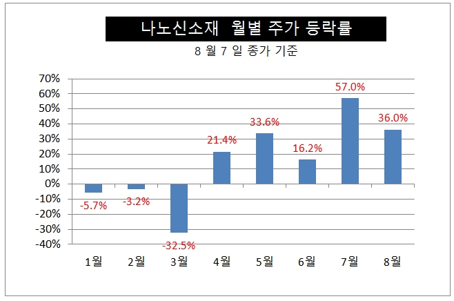 나노신소재는 최근 연속 5개월 동안 큰 폭의 상승세를 보여줬다.  자료=한국거래소 