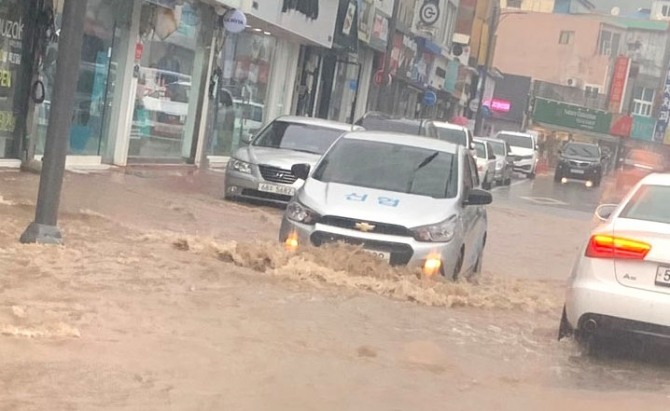 남부지방에 기록적 폭우가 내린 지난달 29일 전남 영광군에서 차량이 침수된 도로를 지나가고 있다. 사진=뉴시스