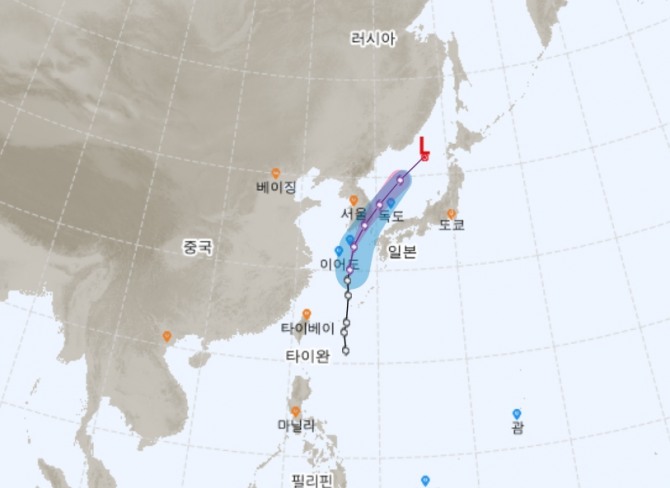 태풍 장미 북상 중 예상 이동경로, 일본 기상청 특보 