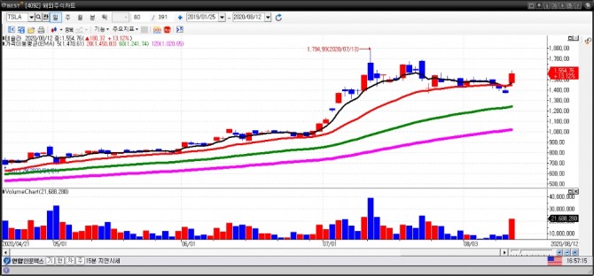 테슬라 일간차트. (8월 12일) 자료=이베스트투자증권 HTS