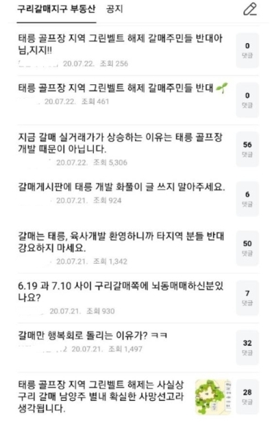 태릉골프장 일대 1만가구 주택 공급계획을 두고 노원구 주민들과 구리시 갈매지구 주민들 간 갈등이 격해지고 있다. 사진=온라인 부동산커뮤니티 화면 캡처