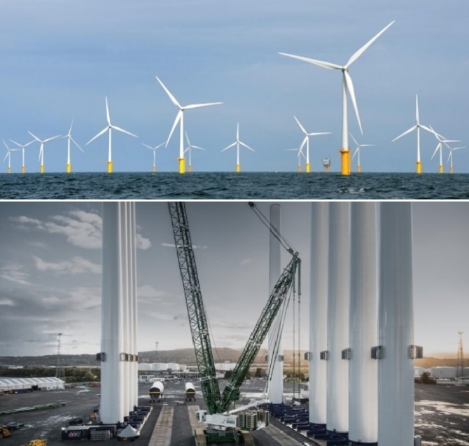 씨에스윈드(CSWIND)가 최근 대만 MHI 베스타스에 해상풍력용 터빈 타워를 공급하는 수출계약을 맺었다. 사진은 해상풍력시설(위)과 풍력타워를 설치하는 모습.  사진=Evwind, 씨에스윈드 홈페이지