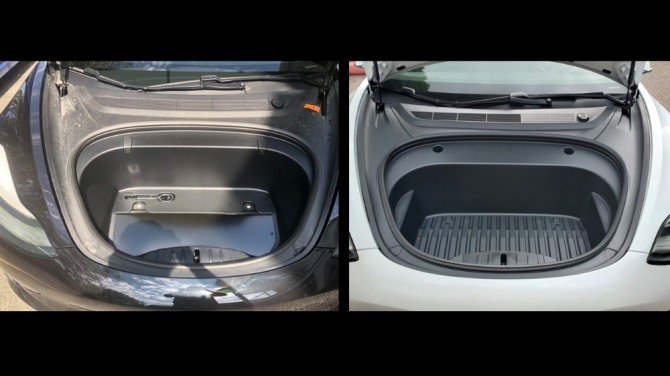 2018년식 테슬라 모델 3(왼쪽)와 2020년식 테슬라 모델 3의 프렁크 비교. 사진=일렉트렉