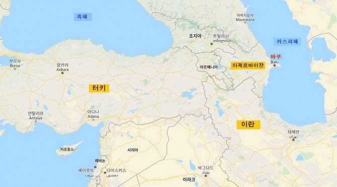아제르바이잔과 수도 바쿠의 위치. 사진=구글맵 기반 디자인 처리.