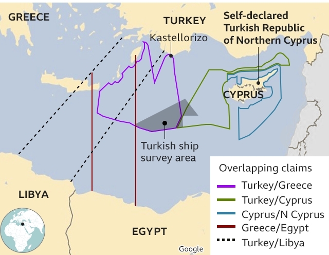 터키 지질조사선의 탐사지역(가운데 검은점 표시지역). 보라색 지역은 터키와그리스가 영유권을 주장하고있으며 녹색 지역은 터키와 키프로스가 서로 영유권을 주장하는 지역이다.사진=BBC