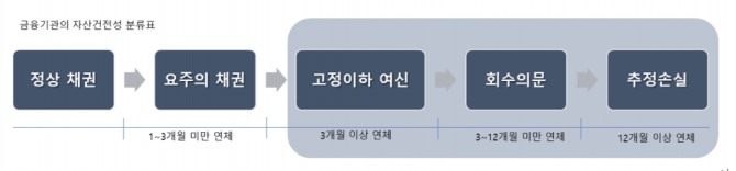 금융기관은 국제 기준과 정부의 지침에 의거 보유채권의 건전성 분류를 표와 같이 5단계로 구분 각 단계별로 선제적 채권 관리체제를 운영하고 있다. 자료=엔피엘코리아