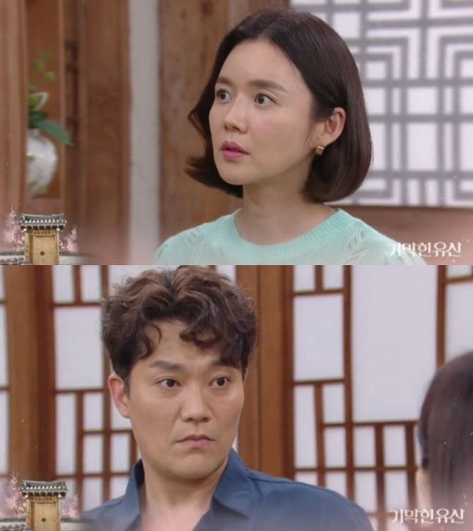 15일 오후 방송되는 KBS1TV 일일드라마 '기막힌 유산' 104회에는 계옥(강세정)이 정체를 숨기고 있는 사기꾼 정건(조순창)에게 성형 수술을 했는지 물어봐 긴장감을 고조시킨다. 사진=KBS1TV '기막힌 유산' 104회 예고 영상 캡처 