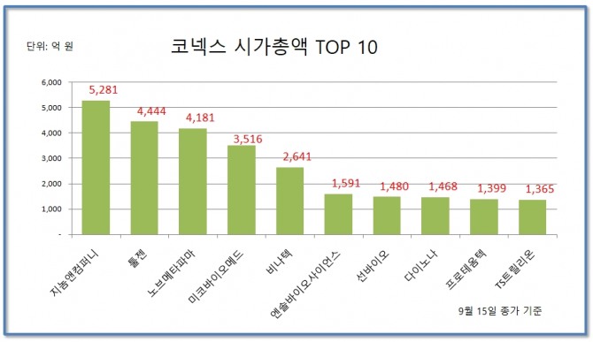 코넥스 시가총액 TOP 10 종목 자료=한국거래소