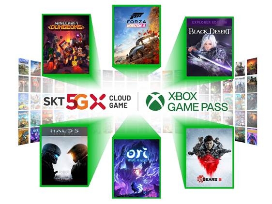  (왼쪽 상단부터 시계 방향으로) 온가족이 함께   즐기는 마인크래프트 던전스, 스테디 셀러 포르자 호라이즌4, 국내 개발사의 대표작 검은 사막, 슈팅게임의 대명사 기어스5, 오리와 도깨비불, 헤일로 5: 가디언스 사진=SKT