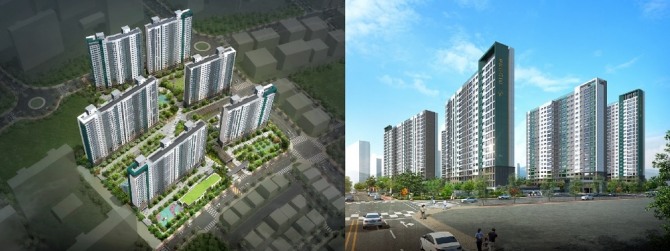 대우건설이 분양에 들어간 '전주 푸르지오 더 퍼스트'의 조감도(왼쪽)와 투시도. 사진=대우건설