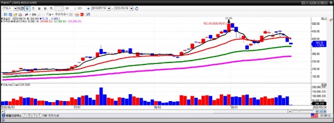 테슬라 일간차트. (9월 24일) 자료=이베스트투자증권 HTS