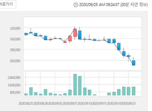 셀트리온 주가는 25일 오전 9시 21분 현재 전거래일 대비 2.40% 오른 25만6000원에 거래되고 있다. 자료=한국거래소