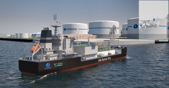 한국가스공사가 지원해 건조될 예정인 LNG 벙커링 전용선 가상도. 사진=한국가스공사 