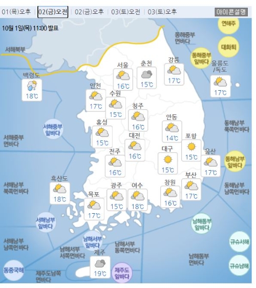 10월 2일 오전 날씨기상도. 자료=기상청