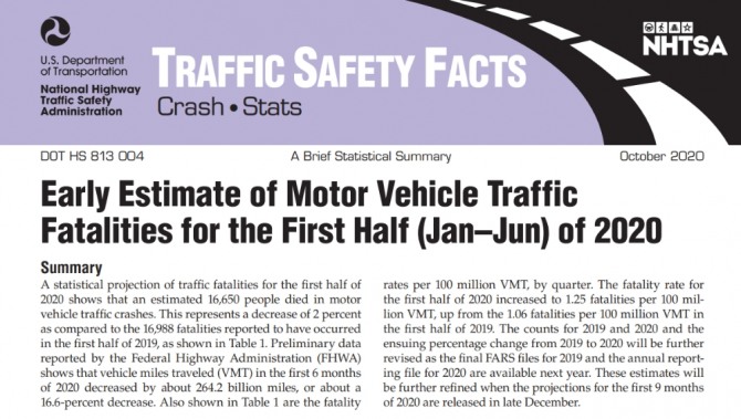 미 연방 도로교통안전국의 교통사고 사망자 현황 보고서. 사진=NHTSA