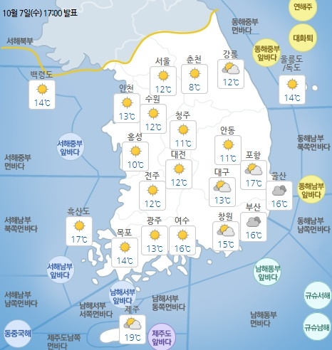 8일 오전 서울 기온은 12도를 기록할 것으로 예상된다. 사진=기상청