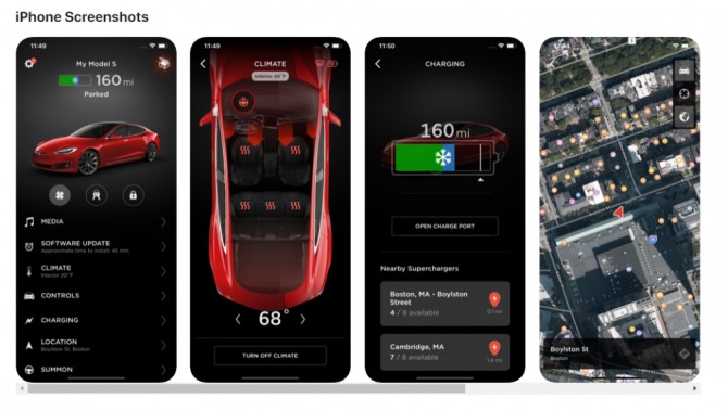 테슬라용 아이폰 앱의 스크린샷. 사진=애플