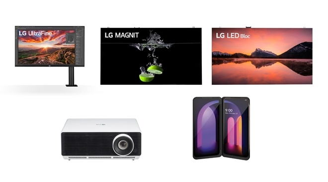 LG전자 제품이 11일 일본 최고 권위 굿디자인 어워드를 수상해 디자인 경쟁력을 다시 한번 과시했다. (사진 왼쪽 상단 시계방향으로) LG 울트라 HD 360 모니터,  마이크로LED 사이니지 LG 매그니트, LED 사이니지 LG LED 블록, LG V60 ThinQ 5G, 상업용 프로젝터 LG 프로빔    사진=뉴시스