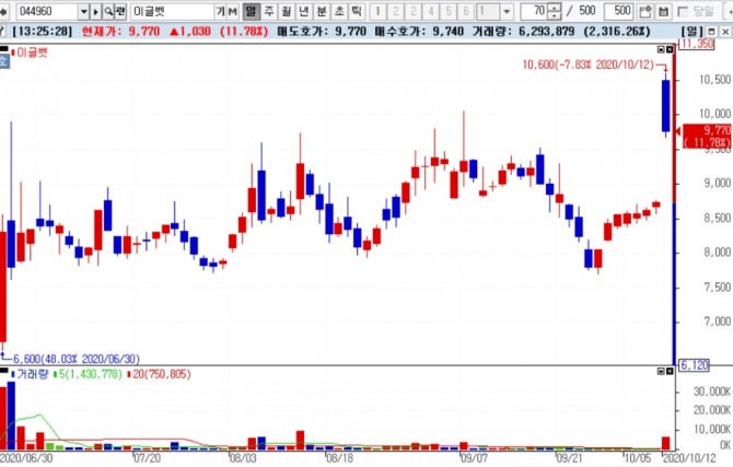 동물의약품 전문 제조업체로 동물백신·방역 관련주로 분류되고 있는 이글벳은 오후 1시 16분 현재 전 거래일 대비 11.33% 상승한 9730원에 거래중이다. 자료=NH투자증권 HTS