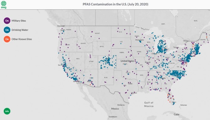 PFAS로 인한 미국내 식수 오염 현황. 사진=EWG
