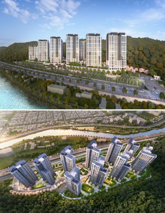 대림산업 'e편한세상 순천 어반타워'의 투시도(위)와 조감도. 사진=대림산업