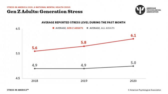 미국의 Z세대 성인(빨간색)와 나머지 세대 성인의 스트레스 지수 변화 추이. 사진=APA