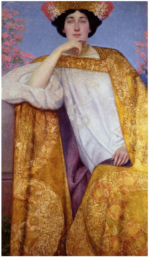 구스타브 클림트 ‘황금 드레스를 입은 여인의 초상’, 19세기, 패널에 유채, 개인.