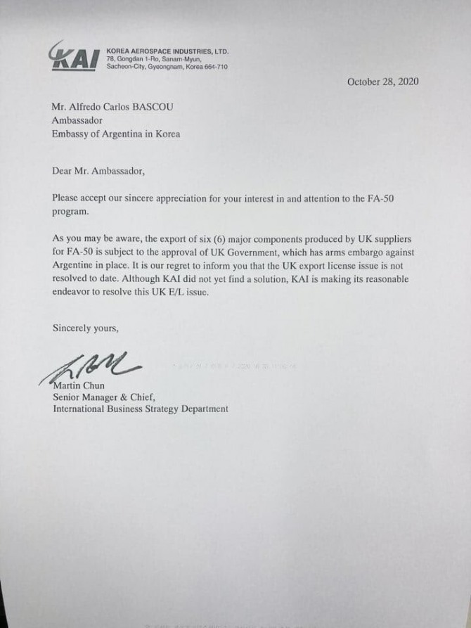 KAI 측이 주한 아르헨티나 대사에게 보낸 서한. 사진=로시 오거스틴 트위터