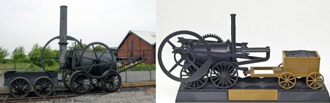 최초의 증기기관차 페니다렌(좌) ⓒ wordpress.com, 아마존에서 만매중인 페니다렌 모형(우) ⓒ amazon.com