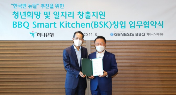 지성규 하나은행장(왼쪽)과 윤홍근 제너시스비비큐 그룹 회장(오른쪽)이  한국판 뉴딜 정책 추진을 위한 청년희망 및 일자리 창출 지원 업무협약을 체결하고 기념촬영을 하고 있다. 사진=하나은행