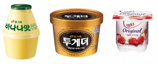 빙그레의 대표 제품인 '바나나맛우유'와 '투게더' '요플레'의 모습. 사진=빙그레