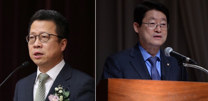정지원 전 한국거래소 이사장(왼쪽)이 손해보험협회장으로 내정됐으며 정희수 보험연수원장(오른쪽)은 차기 생명보험협회장으로 유력하게 거론되고 있다. 사진=뉴시스