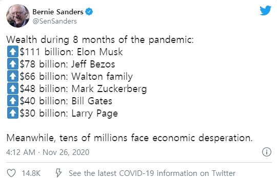 버니 샌더스 상원의원이 트위터를 통해 수많은 미국인들이 심각한 재정난을 겪고 있는 가운데 미국의 가장 부유한 개인과 가족이 엄청난 부를 축적했다면서 이들로부터 부유세를 징수할 것을 주장했다.