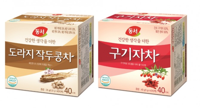 최근 건강을 생각한 차 상품으로 주목받고 있는 '도라지 작두콩차'와 '구기자차' 제품. 사진=동서식품