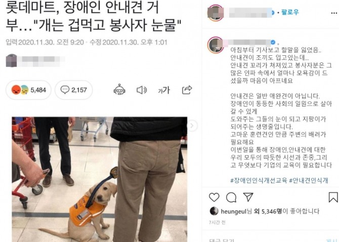 안내견과 봉사자의 매장 출입을 막은 롯데마트에 대해 정선아를 비롯한 스타들이 비판을 가했다. 사진=뮤지컬배우 정선아 인스타그램.