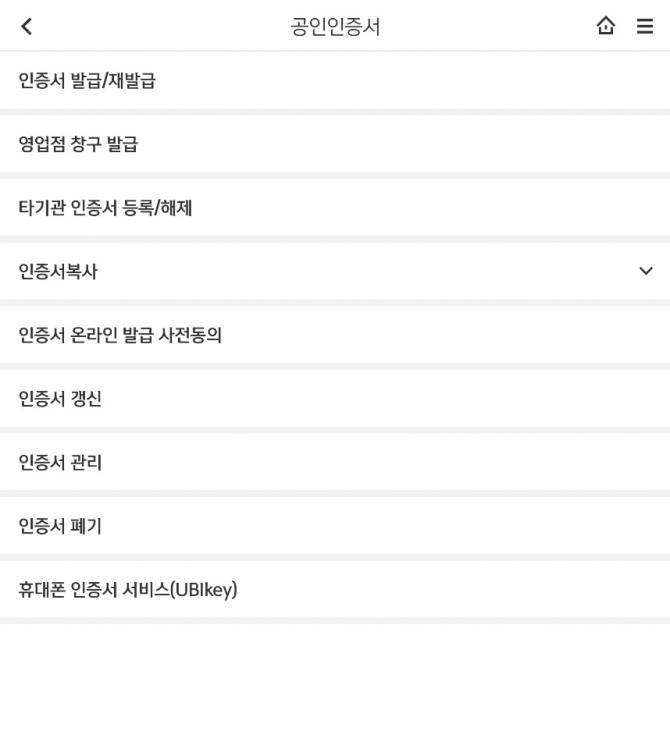 전자서명법 개정에 따라 지난 20년간 인증 시장을 주도한 공인인증서가 역사 속으로 사라지게 됐다. 사진은 은행 앱 공인인증 서비스 메뉴.