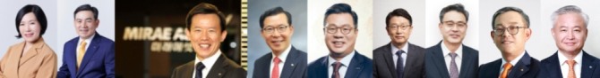사진은 왼쪽부터 박경림, 김성현 KB증권 각자대표, 최현만 미래에셋대우 대표이사 수석부회장, 조웅기 미래에셋대우 대표이사 부회장, 정일문 한국투자증권 사장, 장석훈 삼성증권 사장, 이현 키움증권 사장, 권희백 한화투자증권 사장, 김경규 하이투자증권 사장, 사진=각사 제공