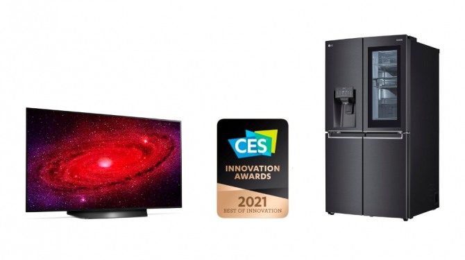 CES 최고 혁신상을 받은 48형 LG 올레드 TV와 음성인식 인스타뷰 냉장고. 사진=LG전자 