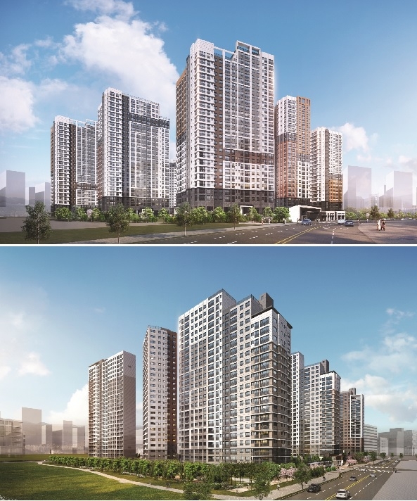 중흥토건이 이달 하순 분양에 들어가는 경기도 화성시 ‘봉담2지구 중흥S-클래스 3차’ A-5 블록(위), C-1 블록(아래)의 투시도. 사진=중흥토건