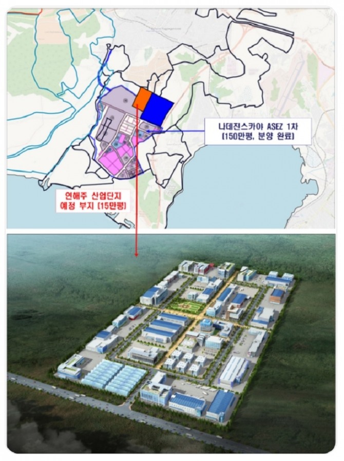 한국토지주택공사(LH)가 19일 러시아 극동투자수출지원청(FEIEA), 극동개발공사(FEDC)와 계약을 체결한 연해주(Primorskii, 프리모르스키) 한-러 경제협력 산업단지의 계획도(위)와 조감도. 사진=LH