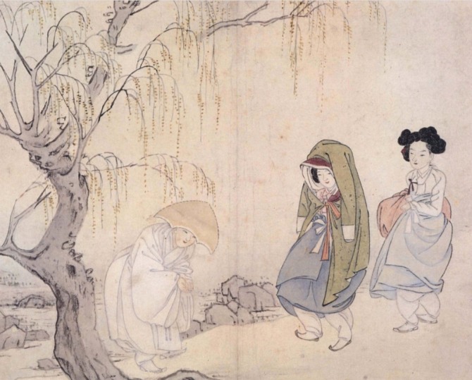 신윤복  ‘이승영기(尼僧迎妓)’, 18세기, 종이에 담채, 간송미술관.