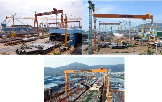 (왼쪽위부터 시계방향으로) 한국조선해양(현대중공업 모회사), 삼성중공업, 대우조선해양 등 조선3사가 야드(선박 건조 공장)에서 선박을 제작하고 있다.  사진=각 사