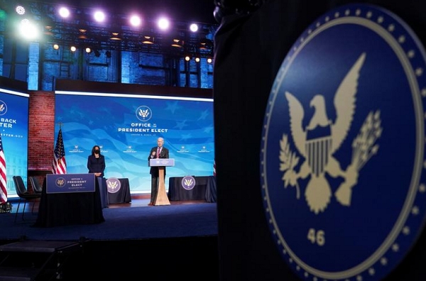 조 바이든 미국 대통령당선자가 8일(현지시간) 델라웨어주 윌밍턴에서 연설하고 있는 모습. 사진=로이터