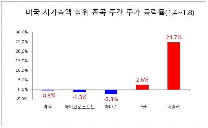 미국 시가총액 상위 5대 기업 주간 주가 등락률