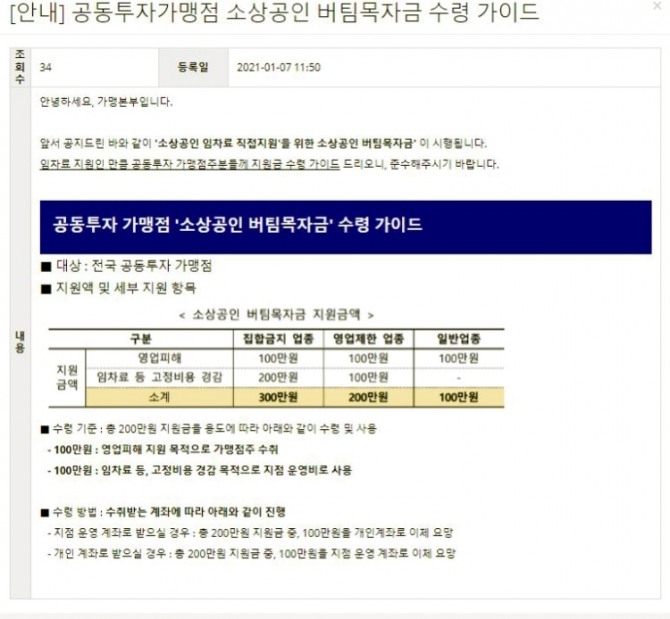 토즈 본사 가맹본부에서 보낸 '공동투자가맹점 소상공인 버팀목자금 수령 가이드'